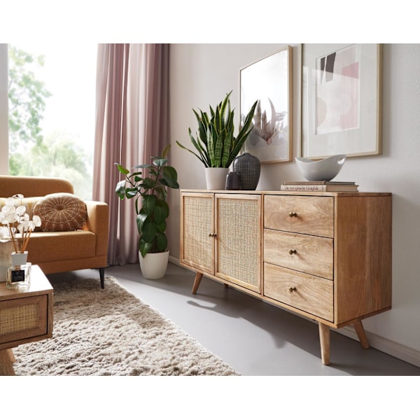 Rootz designskänk 140x75x40 cm massivt mangoträ - byrå med 3 lådor - Hög byrå av massivt trä - Ståskåp vardagsrum - 2 dörrfack