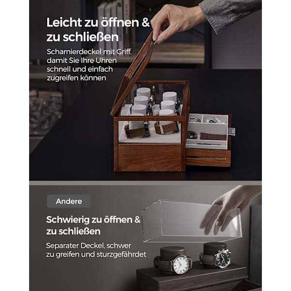 Rootz Coffee Brown Urkasse - Smykkeorganisering - Opbevaringsetui - Massivt træ - Akryl - MDF - Stor kapacitet - Elegant design - Beskytter ure - 18 c