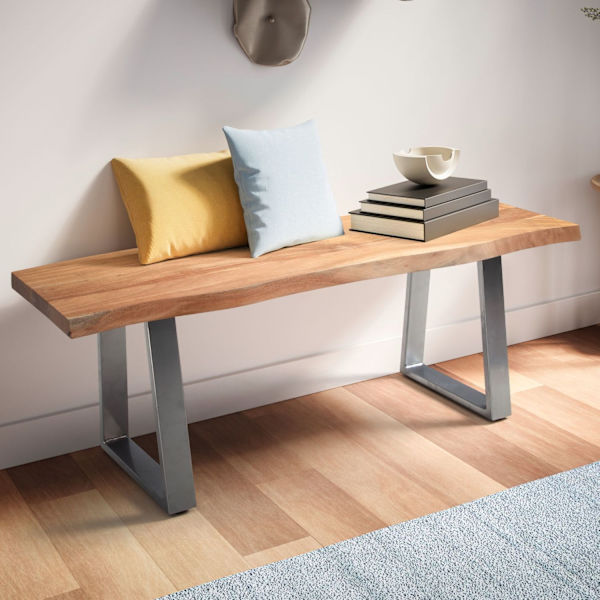 Rootz Modern Design Massiivipuupenkki - Eteisen penkki - Eteisen kalusteet - Puolisuunnikkaan muotoiset metallijalat - Akaasiapuu - 120cm x 40cm x 45,