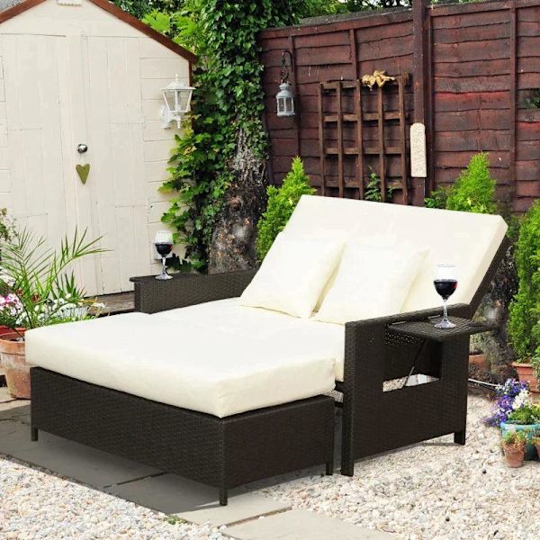 Rootz Poly Rattan Lounge Sohva - Puutarhasohva - Aurinkotuoli - 2-paikkainen - Tyyny - Jakkara - Ruskea