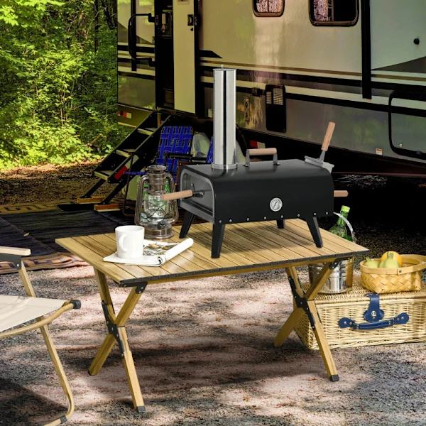 Rootz-pizzauuni - Puulämmitteinen uuni - 1 pizzakuori - Säänkestävä - 1 pizzakivi - Liukumattomat matot - Ruostumaton teräs - Musta - 81 x 40 x 72 cm