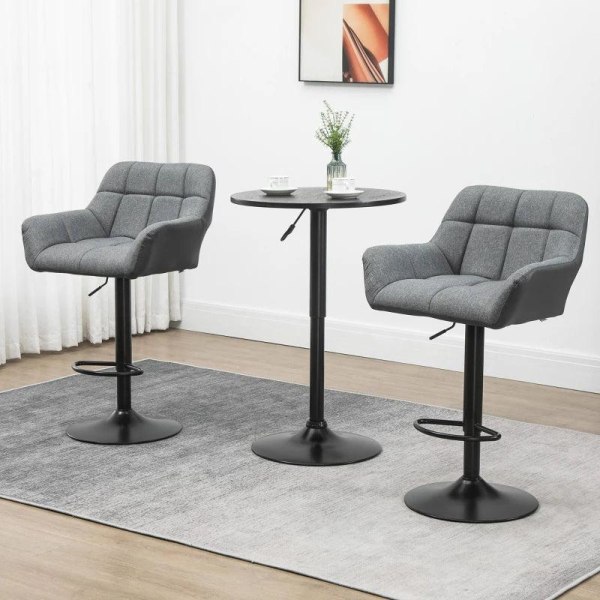 Rootz Barpall - Set med 2 Barpall - Retrodesign - Justerbar i höjdled - Imitation läder - Linnelook - Grå + Svart - 57,5L x 52,5W x 93-114H cm