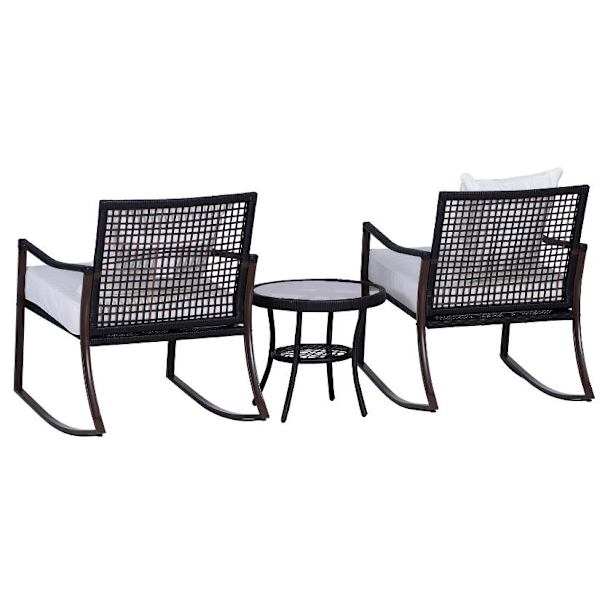 Rootz Garden Set - Keinutuolit - Puutarhapöytä - 2 tuolia - 1 Pöytä - Tyynyt - Karkaistu lasi - Teräs - Polyesteri - Ruskea - Kermanvärinen