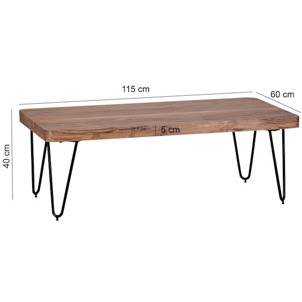 Rootz sofabord massivt træ akacie 115 cm bredt stuebord design metalben sidebord i landlig stil