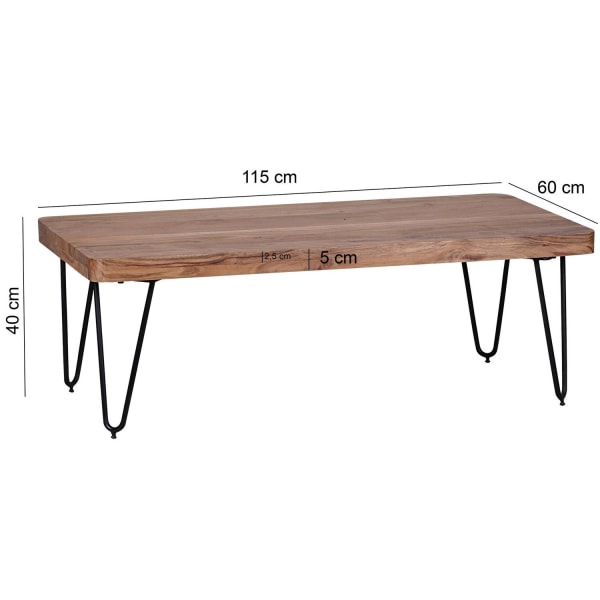 Rootz soffbord massivt trä akacia 115 cm brett vardagsrumsbord design metallben lantlig sidobord