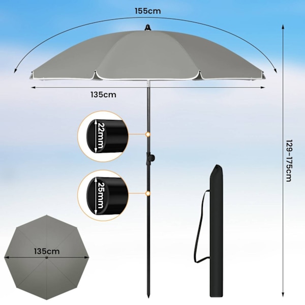 Rootz Patio Paraply - Haveparasol - Udendørs strandparaply - Sun Shelter - 180g/m2 Polyester - 155-203cm Diameter - Mørkegrå - Beige
