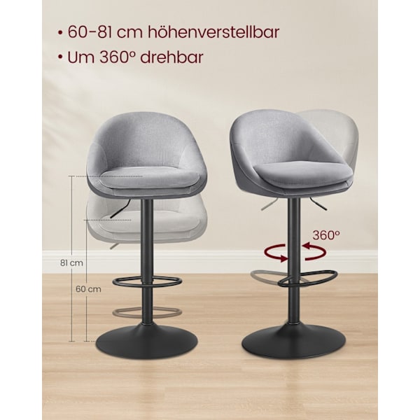 Rootz Set med 2 höjdjusterbara barstolar - Dove Grey & Ink Black - Sammet & PU-läder - Metallram - 52,5 cm x 50 cm x (97,5-108,5) cm