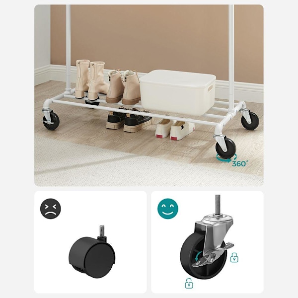 Rootz-vaateteline - Pyörillä oleva vaateteline - Pyörivä vaateteline - Seinään kiinnitettävä vaateteline - Heavy Duty -vaateteline - Teräs - Valkoinen