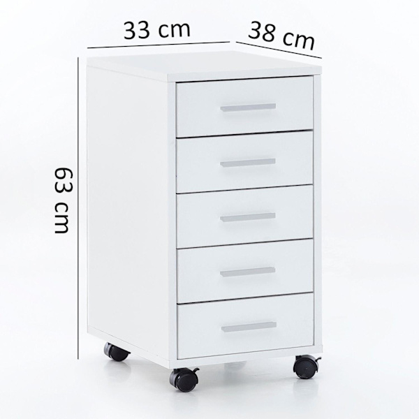 Rootz rullakontti valkoinen 33 x 63 x 38 cm puinen laatikkokaappipöytä - Toimistokaappi 5 laatikkoa - Kontti Rullakaappi pieni Jalusta Kontti kapea -