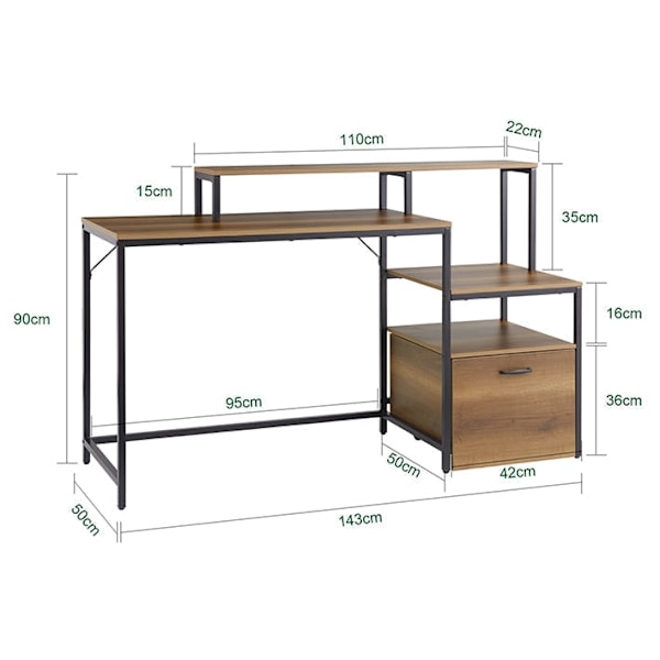 Rootz Desk Study Table - WorkStation - Office Desk - runsaasti tallennustilaa - 143x90x50cm - metallikehys - ruskea musta maalattu