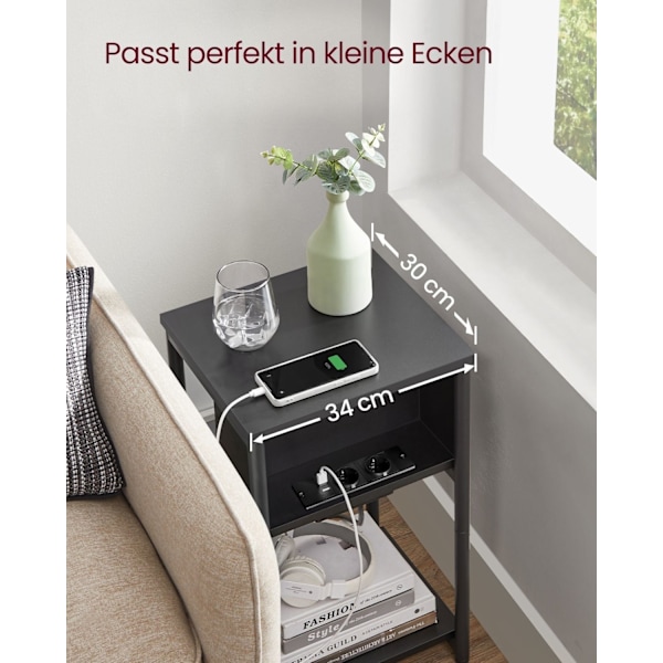Rootz Supplement Side Table - Accent Table - End Table - USB+AC Connections - Black Chipboard & Steel - 30x34x58cm