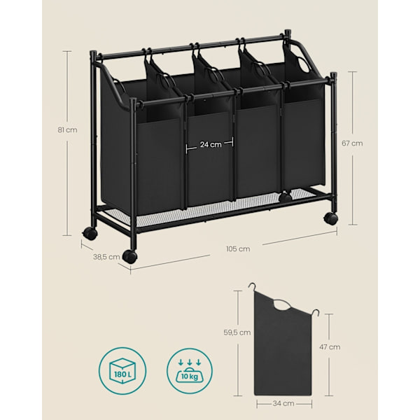 Rootz 4-Bag pyykinlajittelija - Vaatteiden järjestäjä - Irrotettavat laukut - Raskas rakenne - 105 cm x 38,5 cm x 81 cm