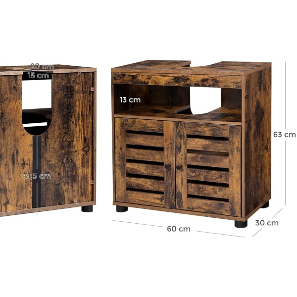 Rootz Badeværelsesmøbel - Underskab til håndvask - Fordybning - Åbent rum - Franske døre - Industriel - Brun - Sort - Forarbejdet træ - 60 x 30 x 63 c