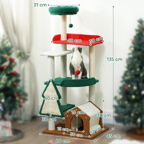 Rootz 135 cm Cat Scratching Post - Christmas Cat Tree - Play Tower - 6 Nivåer av kul - 60L x 45W x 135H cm