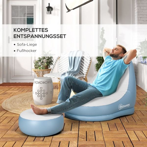 Rootz uppblåsbar stolset - Air Chair - Outdoor Lounger - Ergonomisk design - Slitstark plast - Bekväm mugghållare - 125cm x 100cm x 87cm - Vit + Blå