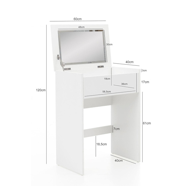 Rootz Toiletbord 60x81x40 cm Hvidt Konsolbord Træ Moderne - Kosmetikbord med skammel og spejl - Hvidt toiletbord med klaprum - Moderne make-up bord pi