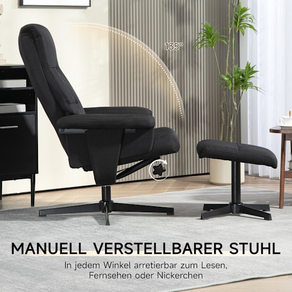 Rootz Reclining Chair with Pall Set - Swivel Seat - Rocker Function - Velvet Look, 135 ° Justera - 74W x 81d x 102h cm, svart