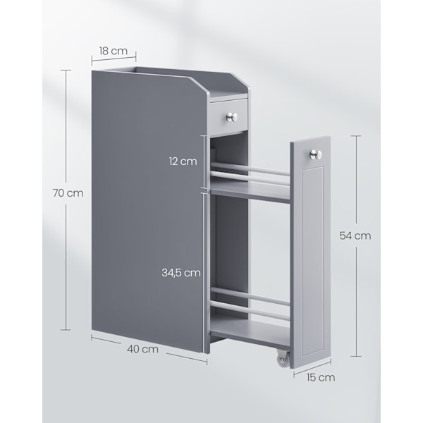 Rootz Dove Grey smalt badeværelsesskab - Opbevaringsskab - Organizer - MDF-materiale - Letvægts - Pladsbesparende - Nem montering - 40cm x 18cm x 70cm