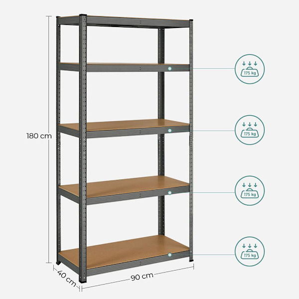 Rootz opbevaringsstativ - opbevaringshylder - kraftige reoler - 5 niveauer opbevaringshylder - metalopbevaringshylder - grå - 180 x 90 x 40 cm
