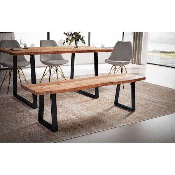 Rootz Matsalsbänk i massivt akaciaträ - Modern design - Live Edge-sits - Trapetsformade metallben - Handgjorda - 120 cm x 40 cm x 45,5 cm