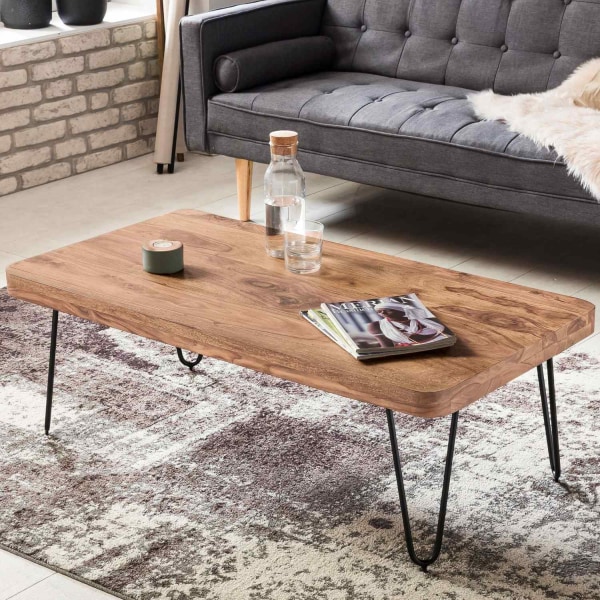 Rootz soffbord massivt trä akacia 115 cm brett vardagsrumsbord design metallben lantlig sidobord
