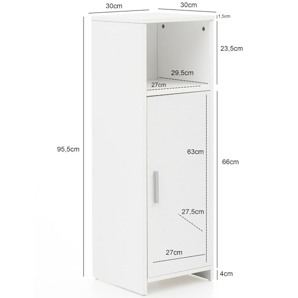 Rootz skab 30 x 95,5 x 30 cm hvidt træ med dør og opbevaringsrum Lille badeværelsesskab sideskab stående - Badeværelseshylde smal fritstående badevære