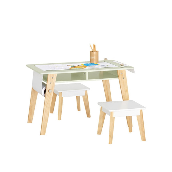 Rootz Kids Aktivitetsbordsæt med 2 skamler - Arbejdsbord - Håndværksbord - Pladsbesparende design - Holdbar MDF- og fyrretrækonstruktion - Inkluderer