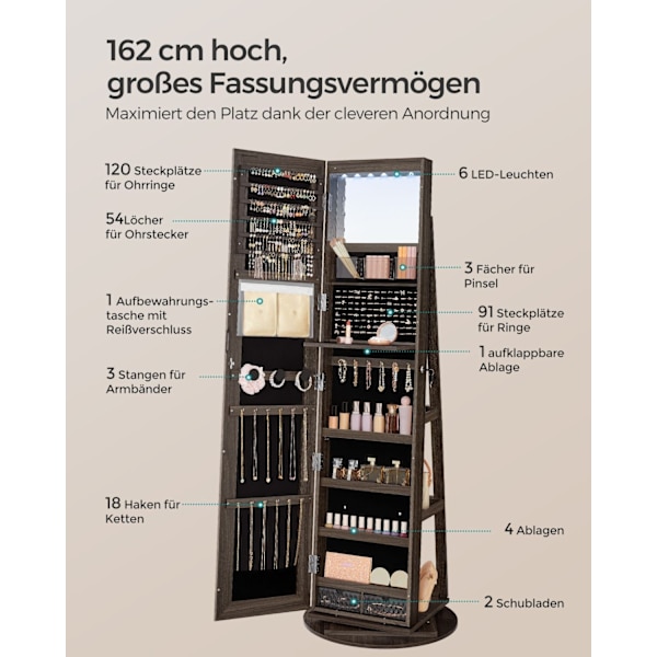 Rootz smykkeskab - Armoire - Organizer - Fuldlængde spejl - 3 hylder - 40cm x 36cm x 140cm