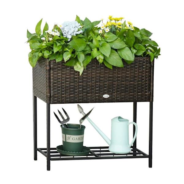 Rootz Højbed - Blomsterkasse - Rattan Højbed Med Hylde - Metal - Brun - 70 x 30 x 72 cm