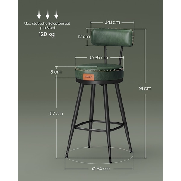 Rootz 2 barstolesæt - Skovgrøn taburetter - Stålstel - Støbt skum - PU-læder - 54 cm x 54 cm x 91 cm - 13,6 kg - 120 kg Kapacitet