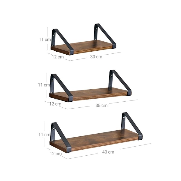 Rootz set med 3 vägghyllor - Industriell look - Flytande vägghyllor - Vägghyllor i trä - Väggmonterade - Hörnhyllor - Vägghylla - Spånskiva - Stål - V