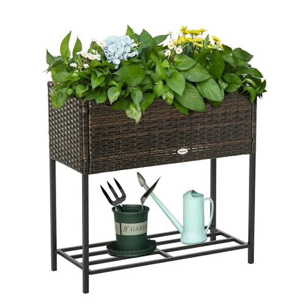 Rootz Højbed - Blomsterkasse - Rattan Højbed Med Hylde - Metal - Brun - 70 x 30 x 72 cm