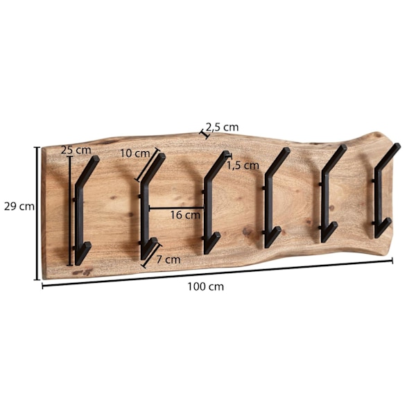 Rootz design knagerække akacie massivt træ - metal 100 x 29 x 12,5 cm - Krogestang hall knagerække væg - Garderobe træ