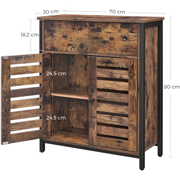 Rootz industrielt opbevaringsskab - kommode - reol - skænk - 2 låger og 2 skuffer - 70 x 30 x 80 cm