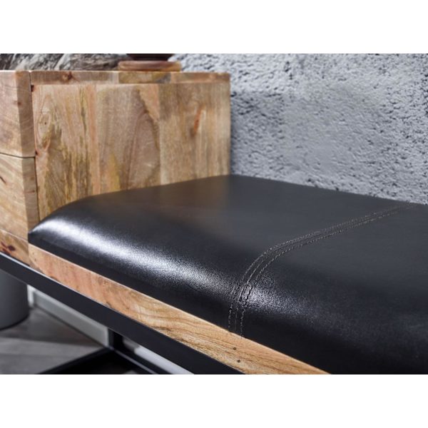 Rootz bänk getskinn - massivträ bänk 100x60x35 cm i retrostil - Hall klädd bänk metall med förvaringsutrymme - Vadderat läder bänk förvaring svart - L