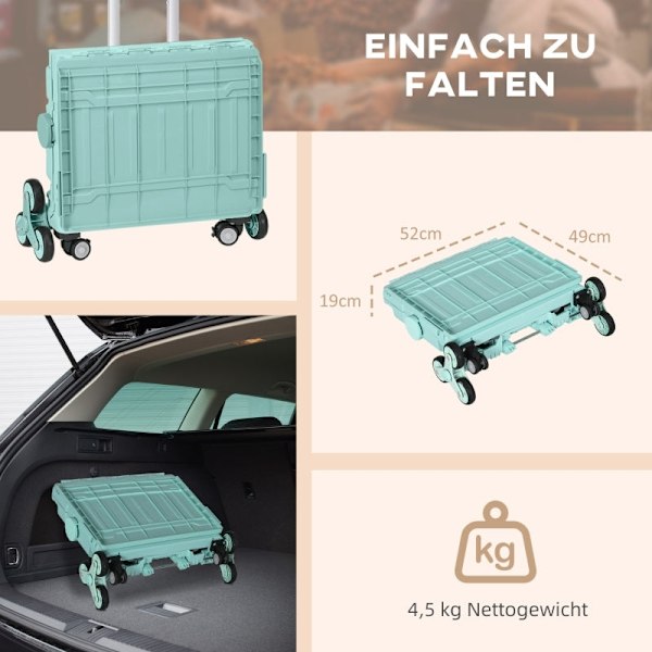 Rootz foldbar indkøbskurv Trappeklatrehjul - Teleskophåndtag - Letvægtsdesign - 51L Volumen - Grøn - 52cm x 48cm x 100cm