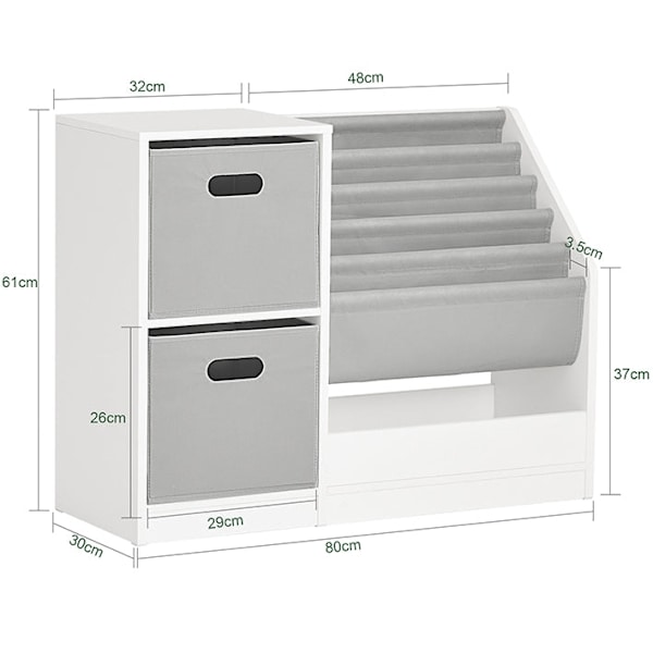 Rootz børnebogreol - Legetøjsopbevaring - Børne reol - Holdbart PB(E1) materiale - 5 rum - Etiketvenlige stofbeholdere - 80 cm x 61 cm x 30 cm