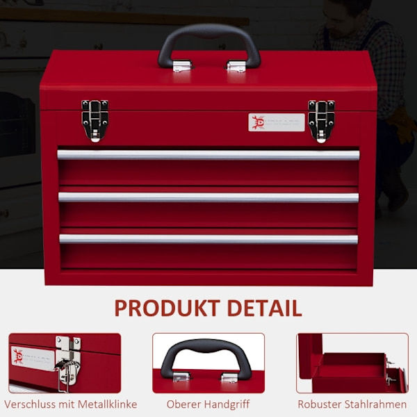 Rootz Verktygslåda - Verktygsfodral i stål - Bärbar verktygsorganisator - 3 lådor - Översta förvaringsfack - Säkert lås - 51 cm x 22 cm x 32 cm