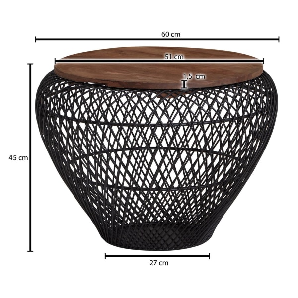 Rootz soffbord mango massivt trä metall 60x60x45 cm svart runt med förvaringsutrymme - Design vardagsrumsbord flätat bord modernt - Avslutsbord soffa