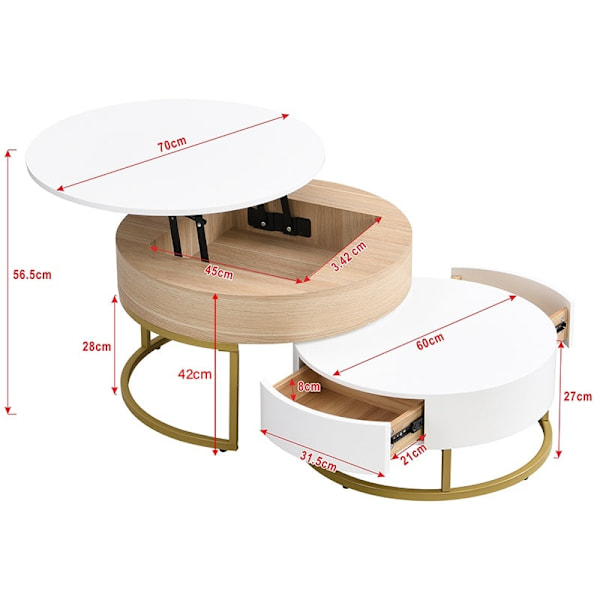 Rootz Gold -Plated Nesting Table Set - Höjdjusterbar soffbord - Mångsidig sidobord - Stylsk förvaring - 70x70x42/56,5cm + 60x60x24cm