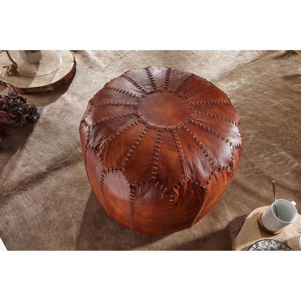 Rootz Pouf - Nahkapussi - Aitoa nahkaa - Jakkara - Verhoiltu täkki - Pyöreä pussi - 52 x 40 x 52 cm - Ruskea