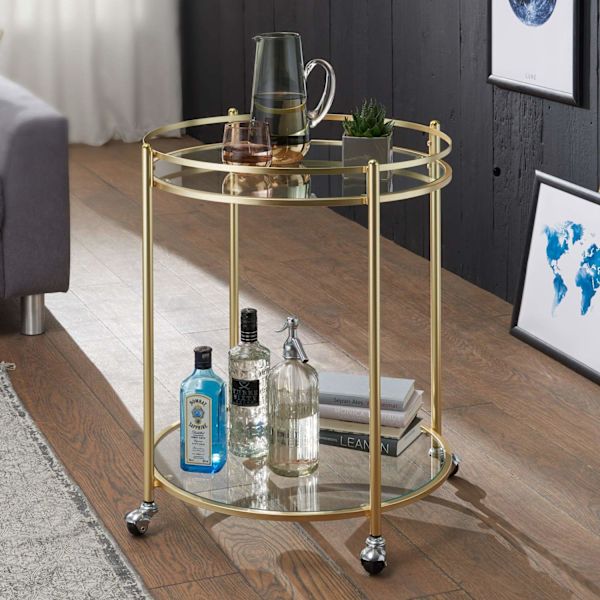 Rootz Sidobord - Sidobord på hjul - Köksvagn - Serveringsvagn - Tevagn - Ø 57 cm - Guld - Glas