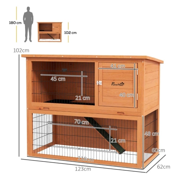 Rootz smådyrehytte - 2 kaniner - Dværgkaninbur - Vejrbestandig - Gnaverbur - Grantræstål - Orange - 123L x 62W x 102H cm