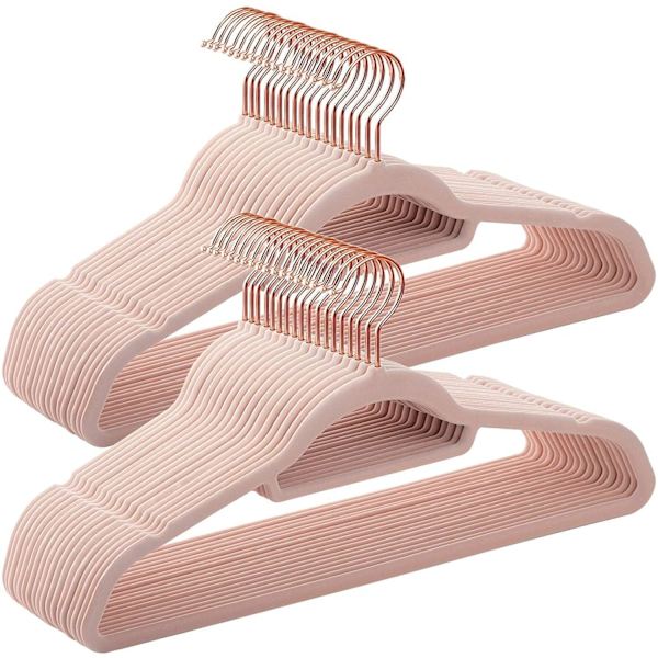Rootz Klädhängare - 50 delar - Sammet - Anti-Slip - Platssparande - Rosa - Guld - 45 x 0,6 x 23,5 cm