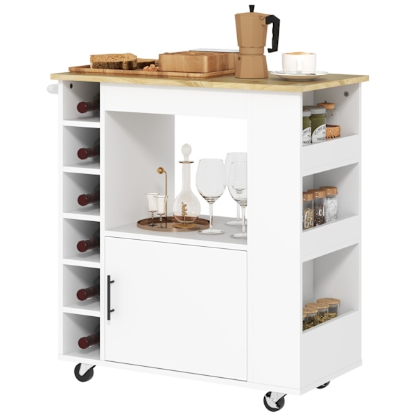 Rootz Kitchen Trolley - Rolling Island - Portable Cart - Wine Racks & Storage - Rubberwood Top - 83L X 40W X 83H CM