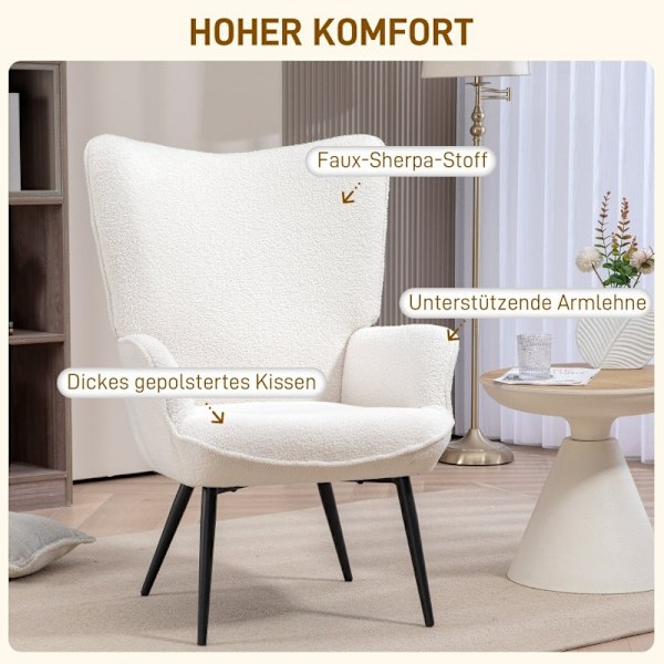 Rootz Wingback Accent Chair - Læsekrogestol - Lounge Chair - Faux lammestof - High-Density Foam - 71 cm x 77 cm x 102 cm
