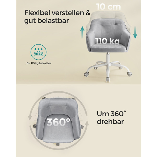 Rootz Drejestol - Kontorstol - Rullestol - Stålstel - Fløjlsbetræk - Justerbar højde - 64cm x 64cm x (83-93)cm - Dove Grey