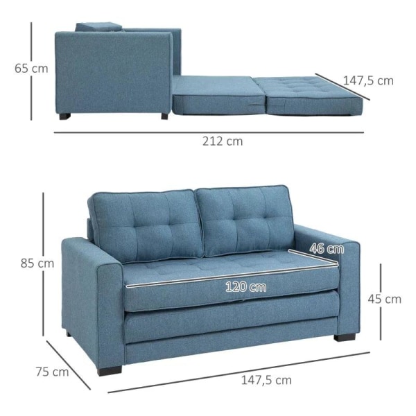 Rootz Bäddsoffa - Hopfällbar soffa - 2-sits Tyg soffa - Soffa - Med sovfunktion - Soffset - Blå -147,5 x 75 x 85 cm