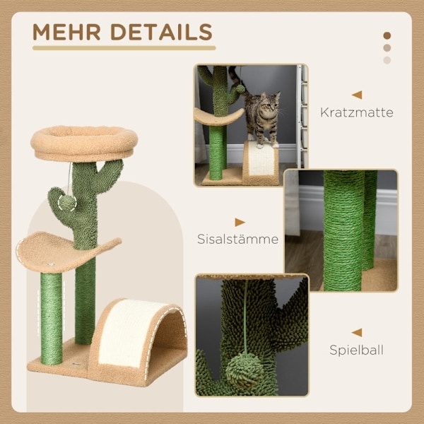 Rootz Cactus Design Cat Tree - Skrapstolpe - Klätterkattträd - Sisallindade stolpar - Spånskiva Bas - Teddy Velour - 40cm x 35cm x 72cm