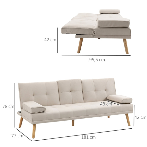 Rootz 3-sits bäddsoffa - Bäddbar soffa - Bäddsoffa - Justerbart ryggstöd - Praktiskt sidobord - 181cm x 77cm x 78cm - Linnetyg